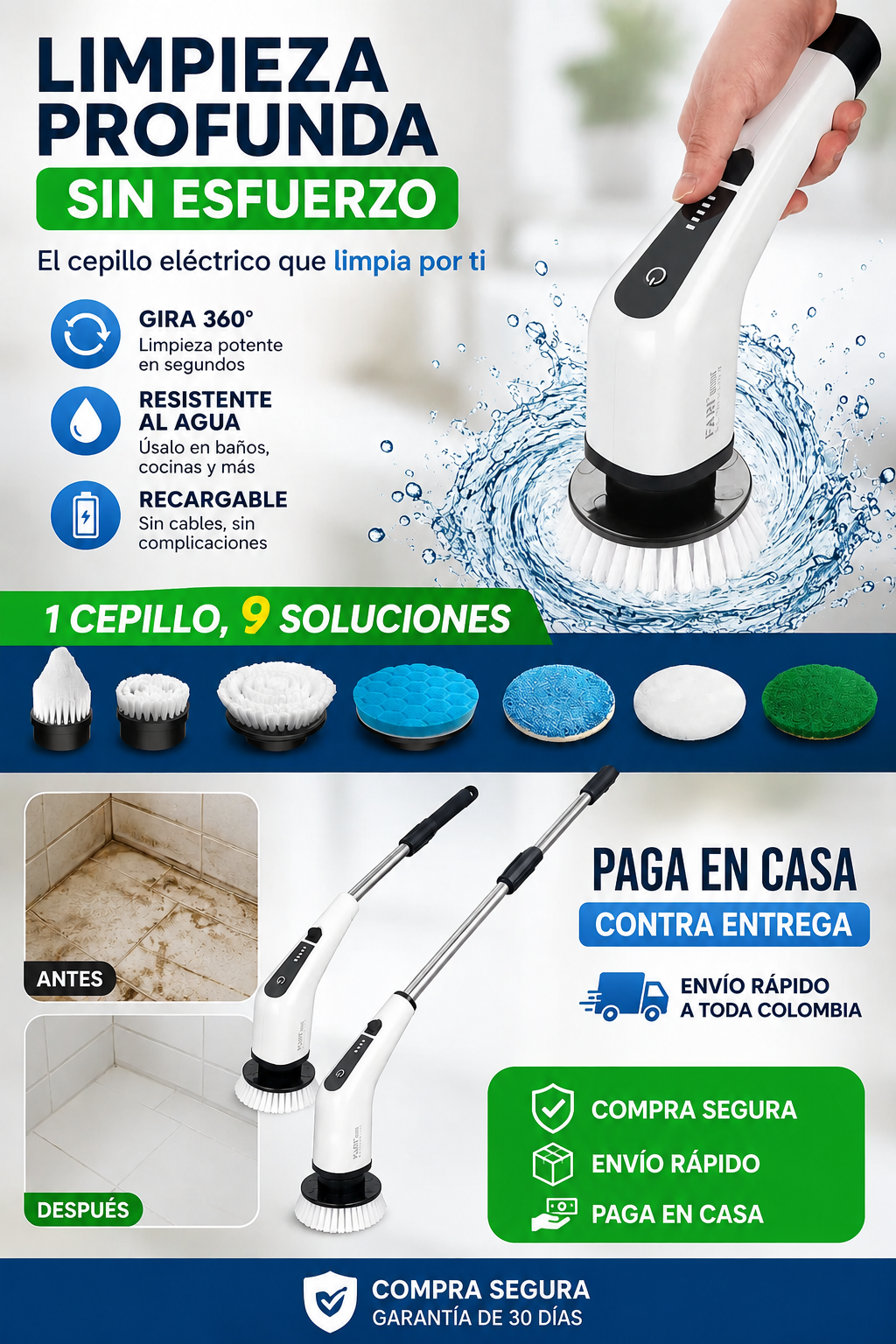Cepillo Eléctrico Multiuso 9 en 1 Recargable | PowerClean 360°